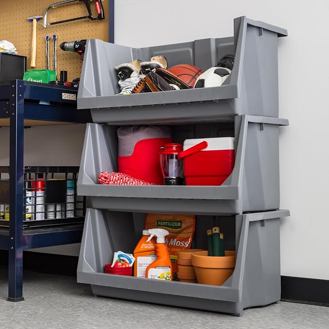 IRIS USA Jumbo Open Front Storage Bin, Gray | Organize tools, hardware, sporting goods, and household items with durable construction and space-saving vertical storage