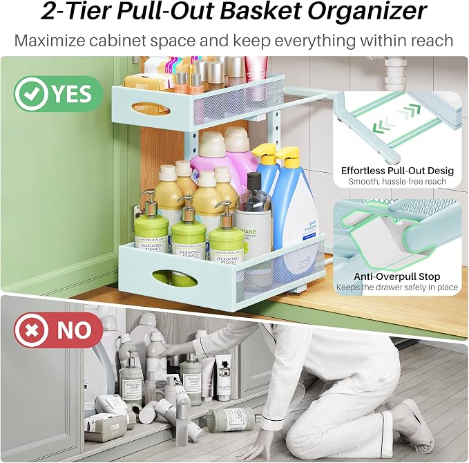 Under Sink Organizer, 1-Pack Pull Out Cabinet Organizer 2 Tier Metal Slide Out Storage Shelf Rack, L-Shaped Adjustable Height,Mesh Sliding Drawer for Kitchen, Bathroom, Laundry, Pantry, Blue, XL