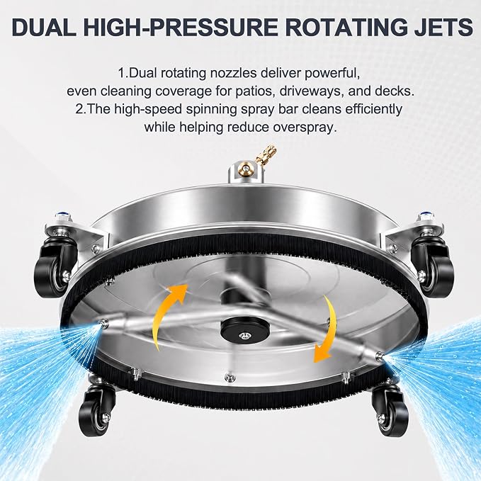 Pressure Washer Surface Cleaner with 4 Wheels-Stainless Steel Power Washer Accessories for Concrete Driveways Sidewalks Patios Cleaning (14.5 INCH Silver)