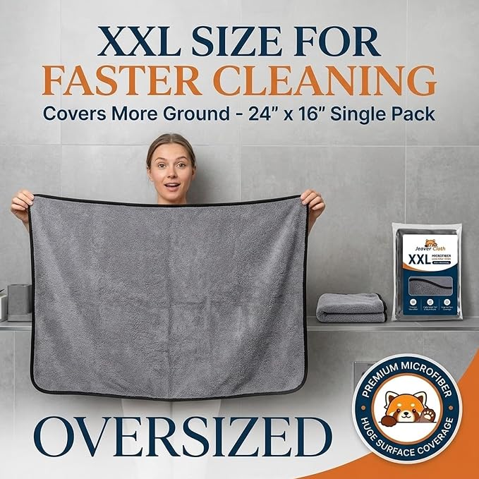 Jeaver Window Cleaning Cloth XXL,Microfiber-Reusable,1Pcs | XXL 24x16" microfiber cloth cleans with water only, streak-free on glass, tile, shower. Reusable, no chemicals.