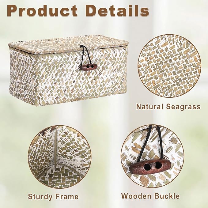 Hipiwe Mini Seagrass Shelf Basket with Lid Decorative Woven Box, 7x4.3x3.3" | Wicker Storage Bins for Shelf Home Decor, Multipurpose Desktop Basket Organizer for Keys Remote Control, Whitewash