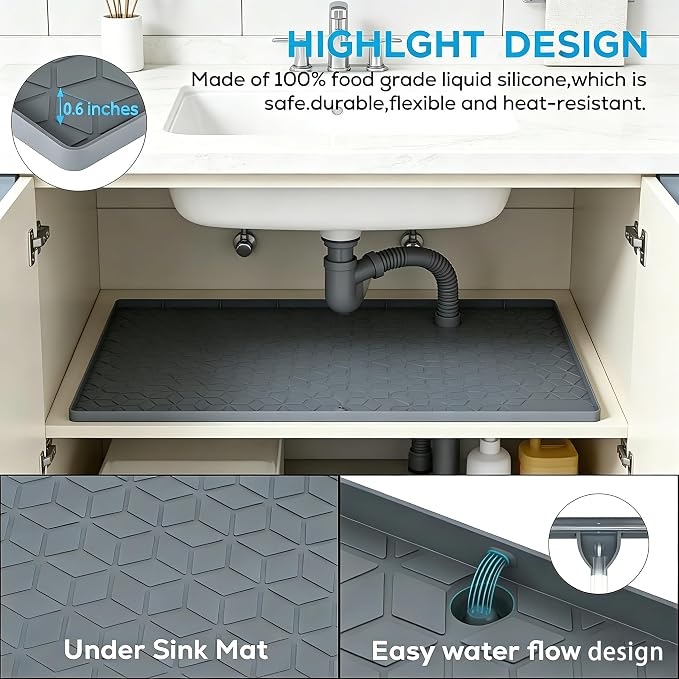 Under Sink Mats 14"x22" for Kitchen, Silicone Waterproof Liner, Sink Silicone Tray with Drain Hole, Storage and Organizers, Cabinet and Counter Protector,Litter Mat, Pet Cat Puppy Essentials