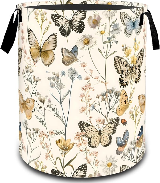 Butterfly Wildflower Botanical Laundry Basket, Dirty Collapsible Clothes Toy Organizer Hamper for Kids Adults, Oxford Cloth Waterproof Storage Bin for Bathroom Home Decor Gifts, 19.7"X15.7"