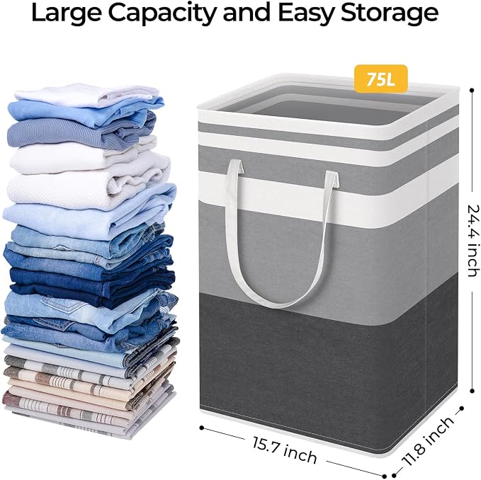 HomeHacks 2 Pack Laundry Baskets, Laundry Hampers Bags (Grey+Blue 75L) | Waterproof, Freestanding, Collapsible Clothes Hamper with Reinforced Handles in Laundry Room, Dorm, Bathroom, Bedroom