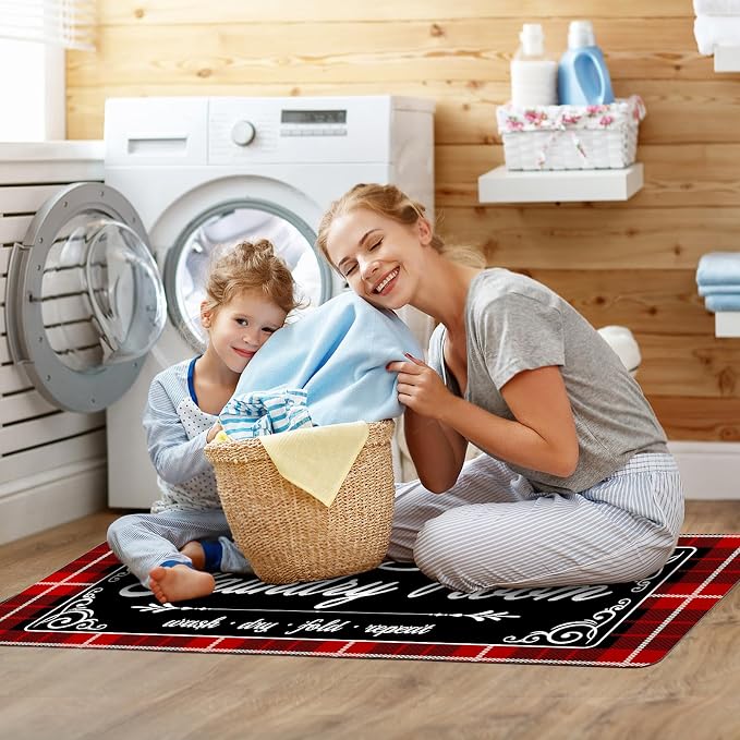 Non-Slip Laundry Room Rug Runner for Christmas Decor 17.3"x47.2" Washable - Bathroom Mudroom Kitchen Mat for Farmhouse Entryway Christmas Decor Christmas Red Buffalo Plaid
