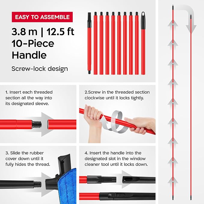 Tyroler Window Squeegee with Extension Pole 1-12.5ft | Window Cleaner Tool | | 10-Part Windows Washing Kit with Extension Pole | Professional Telescopic Window Squeegee for Home & High Glass