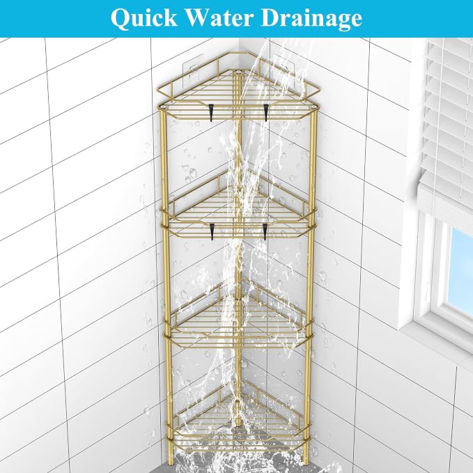 HuggieGems Metal Floor Standing Corner Shower Caddy, Gold, 4 Tier | Adhesive Bathroom Organizer Shelves, Free Standing Shower Rack with Hooks, Hold Large Shampoo Bottles