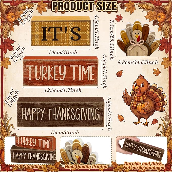 Moucuny 4 Pcs Thanksgiving Table Decorations Wooden Turkey Tiered Tray | Rustic Farmhouse Centerpiece with Turkey Time Signs, Kitchen or Dining Display, Stackable Blocks Gift for Fall Harvest