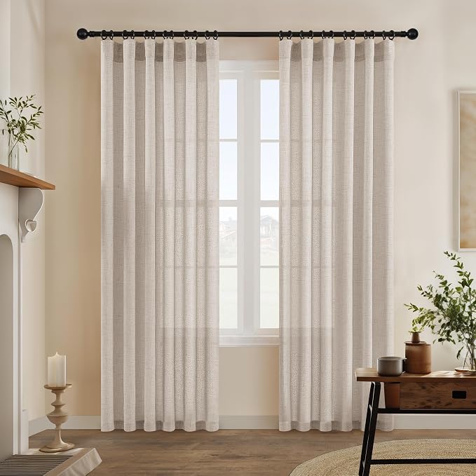Semi Sheer Privacy Linen Curtains 98 Inches Long Tan Beige 2 Panels | Farmhouse Curtains, for Living Room Bedroom, 98 Inch Length Drapes, with Rod Pocket, Hook Belt, Light Filtering, W50 x L98