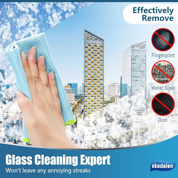 Microfiber Cleaning Cloth Lint Free Glass Polish, Blue & Grey | Fish Scale Window Cleaning Cloth, Streak Free, Reusable for Glass Mirror Kitchen Dish, 16 x12 in, 8 Pcak