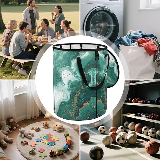 doginthehole Green Marble Print Outdoor Trash Can with Lid Large Capacity Collapsible Trash Can for RV Waterproof Garbage Bags for Yard, Camping, Picnic Home Outdoor Decoration
