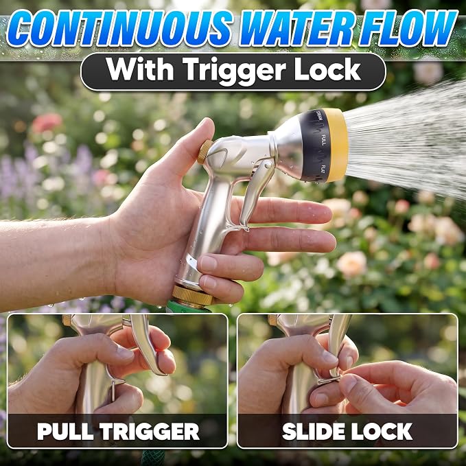 Metal Garden Hose Nozzle High Pressure, 8 Spray Patterns, Lock Clip | Heavy Duty Hose Nozzle for Garden Watering, Car Washing, Patio Cleaning, Leak Proof Gasket and Hands-Free Spraying