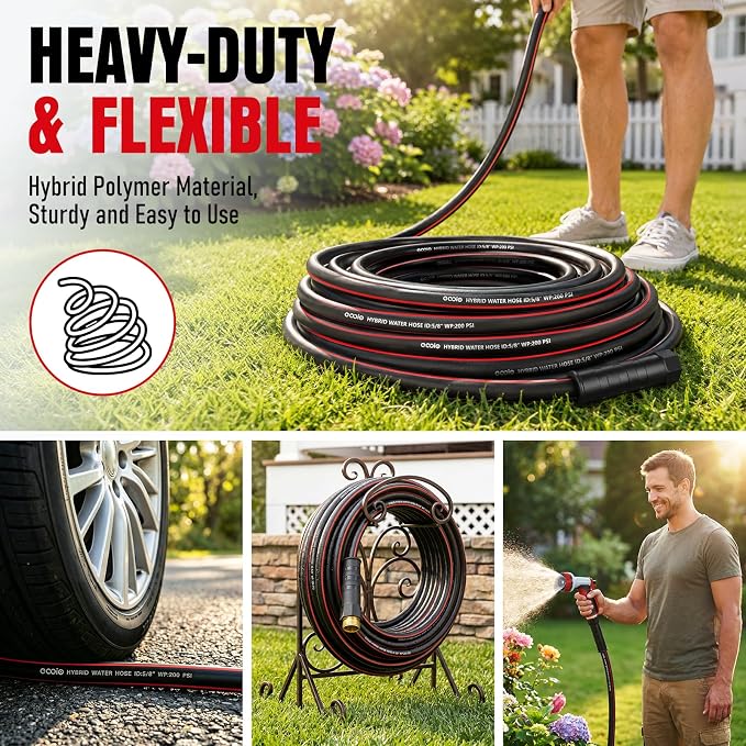 eavy Duty Garden Hose 25ft, NON-EXPANDABLE Flexible Water Hose, Kink Resistant Lightweight Hybrid Hose, Leakproof Hose Male to Female Fittings