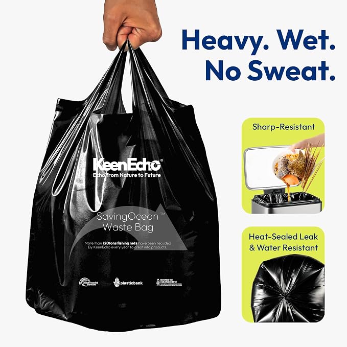 Small Trash Bags with Handles - Ocean Plastic Upcycling - Plastic Garbage Bags, Can Bin & Waste Basket Liner for Kitchen, Bathroom, Office and Pets,2.6 Gallon 200 Count Black