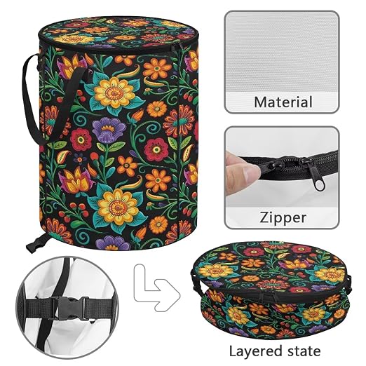 BIGCARJOB Floral Blossoms Collapsible Trash Can Portable Tall Trash Can Oval Recycling Bin 22.83x17.71 Outside Garbage Bin Storage Bag with Clip and Zipper Lid
