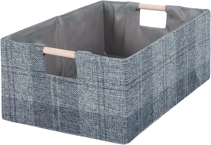 Fabric Storage Box, 15x11in Foldable Cotton Linen Basket with Wooden Handle | Medium Rectangular Cube Decorative Home Laundry Organizer Clothes Blanket Container Organizing Clothes Sheet, Dark Gray Plaid