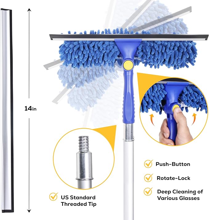 2-in-1 Window Squeegee with 4–12 ft Telescopic Extension Pole | Window Washing Kit for Home & Commercial Glass Doors, High Windows, 2 Sleeves Included