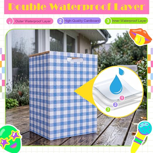 Hushee 4 Pcs 13 Gallon Blue Plaid Disposable Pop up Trash Cans for Parties | Cardboard Garbage Can with Handles, Trash Bags, Clip, Collapsible Trash Cans, Portable Gingham Trashs Bins for Event, Kitchen