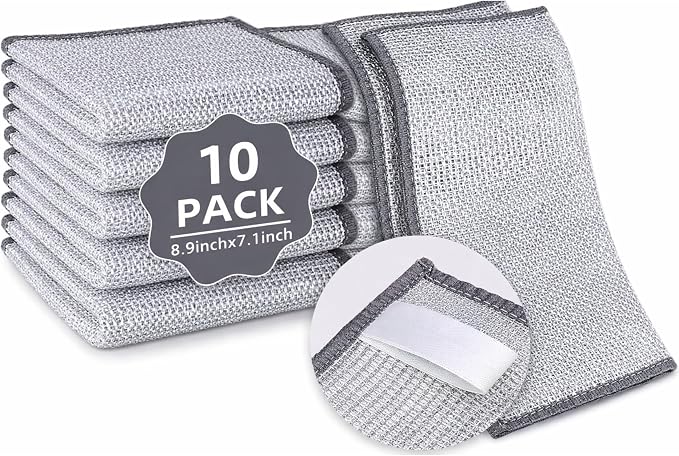 Silver Mesh Dish Cloths (3 Layer) – Non Scratch, Odor Free, Quick Dry Wire Cleaning Pads for Sinks, Dishes, Stove Top | Multipurpose Reusable Metal Scrubbers | 10 Pack