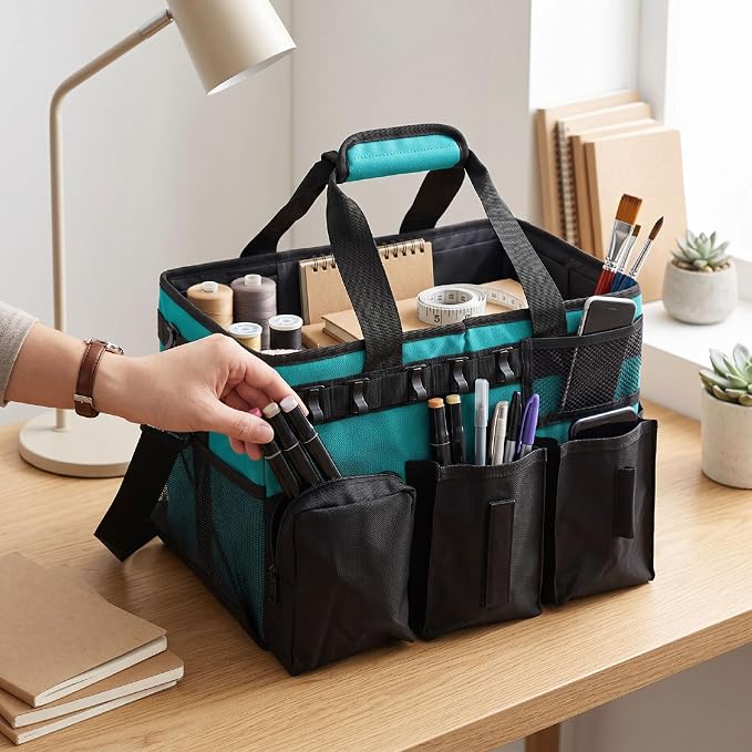 Fockety Cleaning Caddy Bag, 15.35x9.45x10.63in Portable Clean Organizer Tote Bag with Adjustable Shoulder Strap, 36.4oz Oxford Fabric Supplies Tool Storage for Housekeeping Cleaning