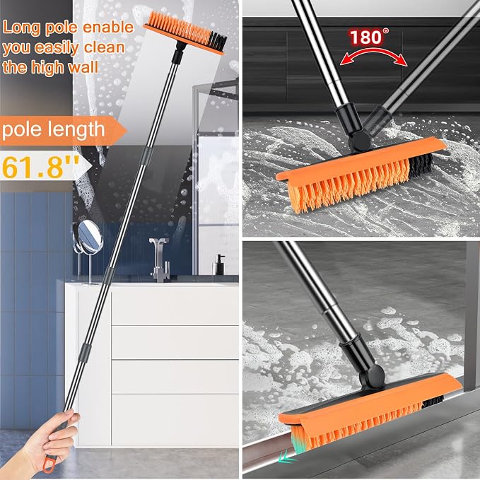 2 in 1 Floor Brush Scrubber with Long Handle Telescopic 3 Poles 61.8'' Grout Brush Scrape Stiff Bristle Cleaning Scrub Brush with Squeegee 180°Rotating Tile Brush for Cleaning Bathroom Glass Patio