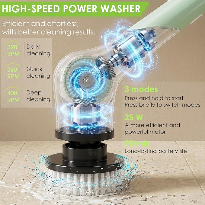Cordless Electric Spin Scrubber with 10 Replaceable Heads and Long Handle | 3 adjustable lengths, 3 adjustable speeds, 90‑minute runtime, 10 Heads, Waterproof Design for tubs, floors, grout, and cars