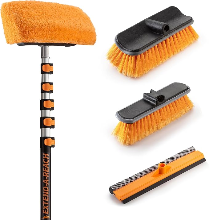 30-Foot Exterior House Cleaning Brush Set with 5-24 ft Extension Pole | Vinyl Siding Brushes with Telescopic Extendable Pole & Window Cleaning Squeegee // The Ultimate Extension Scrub Brush Set