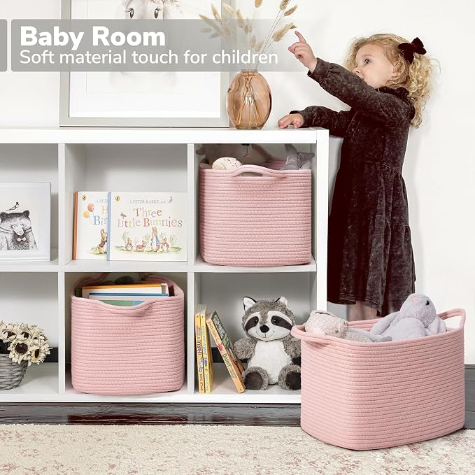 Goodpick Woven Storage Basket for Shelves, 13" x 10" x 9", Pink | Stylish Gift Basket for Home Decor, Cotton Rope Baskets for Toys & Baby Essentials Storage, Nursery Closet Organization