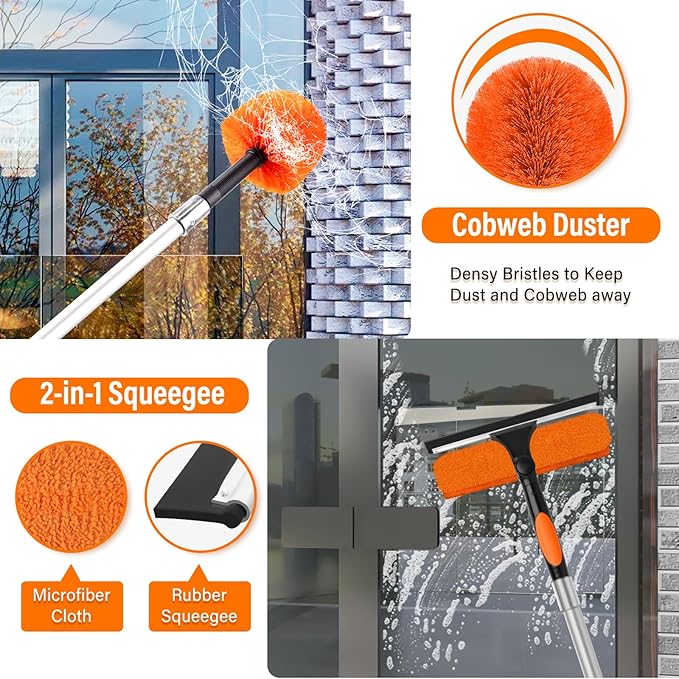 26FT High Reach Duster with Extension Pole 5-20FT, 4-in-1 Cleaning Kit | with Universal Swivel Joint | High Ceiling Fan Cleaner, Cobweb Duster & Window Squeegee for Safe High-Reach Cleaning
