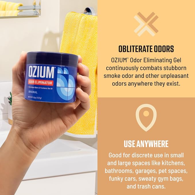 Ozium 4.5 Oz. Odor Eliminating Gel, Air Freshener Alternative | For Smoke, Pets, and Musty Odors, Long Lasting Odor Remover for Cars, Homes, Closets and Small Spaces, Vanilla Scent