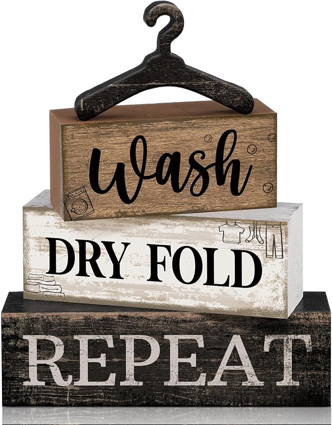 Moucuny 4 Pcs Farmhouse Laundry Room Decor Stacked Blocks Rustic Home Decor | Wash Dry Fold Repeat Blocks Sign, Funny Laundry Accessories, Housewarming Gift, Tabletop Display for Home Decor