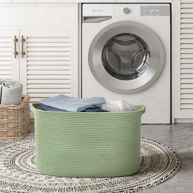 MEGASKET Large Green Baskets for Organizing, 23.6" x 17" x 12" Rectangle Blanket Holder Organizer, Kids Toy Storage Bins, Woven Rope Storage Basket, Green Home Decor Basket, Baby Nursery Storage