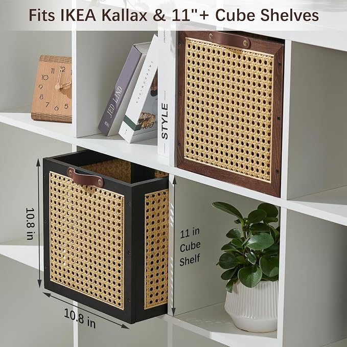 2PCS Rattan Storage Cubes Decorative Handmade Wooden Basket Box | Clothes Container Closet Shelf Organizer, Books Magazine Holder, Solid Wood Woven Wicker Cane Bins, Natural Bohemian, Walnut