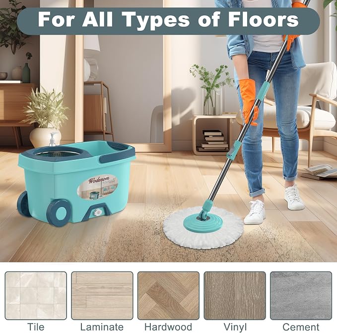 Traditional Large Spin Mop and Bucket, 2 Gal Capacity, Green | 2 Rolling Wheels, Pull Handle, 61-Inch Handle, 6 Mop Heads, Easy Wringing, For Family Homes, Hardwood, Laminate & Tile Floors
