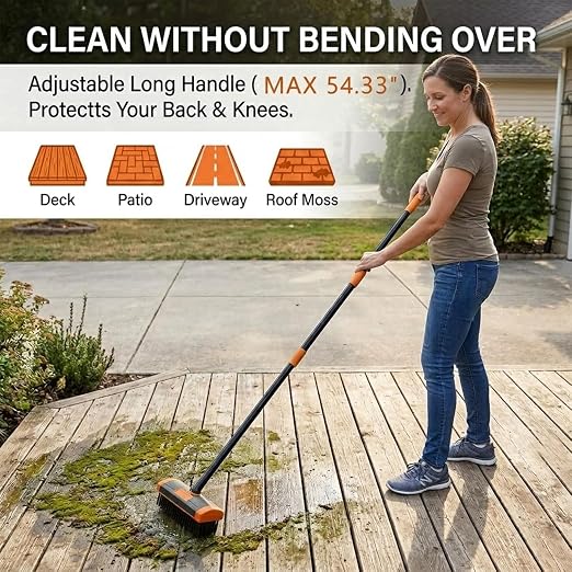 3 in 1 Floor Scrub Brush with Long Handle, Deck Weed Tool | High-carbon steel bristles and versatile heads clear patio moss, concrete stains, and driveway crevices without bending