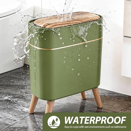 suyika Automatic Trash Can, 2.6 Gallon/10L, Wood Grain Lid and Legs | Bathroom Trash Can with Lid, Touchless, Waterproof Garbage Bin, For Bedroom, Bathroom, Office, Living Room