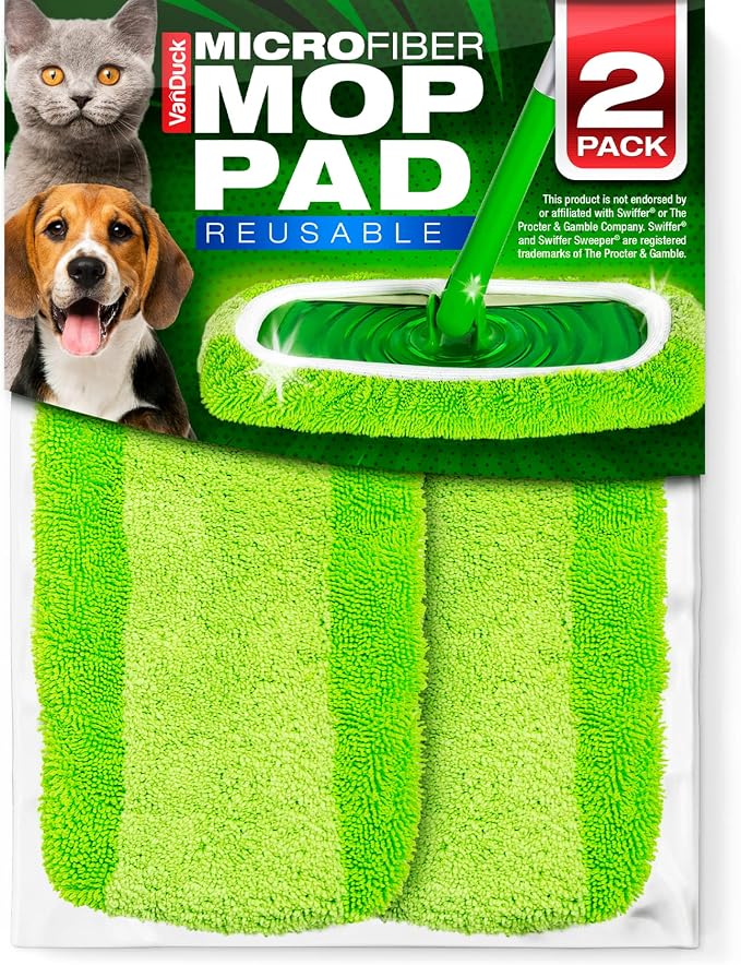 VanDuck Reusable Microfiber Mop Pads for Swiffer Sweeper (2-Pack), Green | Handle not included, machine washable wet & dry mopping cloths, mop head replacement floor cleaning