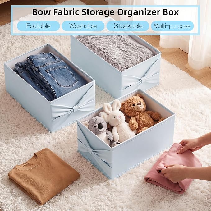 2 Pack Satin Fabric Closet Storage Boxs, 18.5×11×7.9 IN Foldable Organizer Bins with Bowknot, Soft & Sturdy Pink/Blue Storage Baskets for Home Organization, Clothing, Toys, Caps (2 Pack Blue)