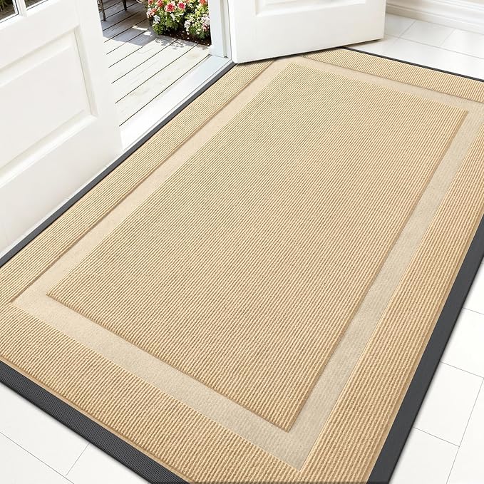 OLANLY Front Door Mat Outside 59x34, All-Season Heavy-Duty Rubber Doormat | Beige, Absorbent, Stain and Fade Resistant, Waterproof Non-Slip Backing, Low-Profile Indoor Outdoor Floor Mat for Entryway