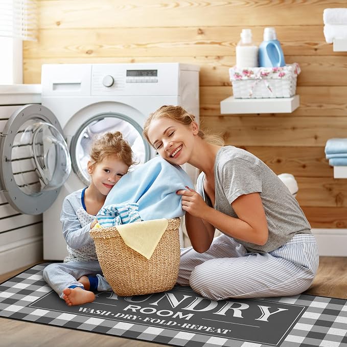 ROMAMIGO Laundry Room Rug Runner Non Slip Laundry Mats Mudroom Laundromat Runner Farmhouse Kitchen Floor Mat Bathroom Laundry Room Decor Accessories(20 X 47 inch, Grey Buffalo Plaid)