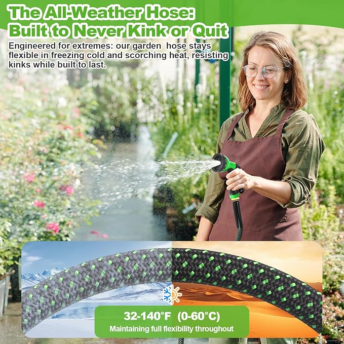 Garden Hose 100ft, Non-Expanding Flexible Hose, Lightweight | Kink Free, Sturdy, Leak-Proof, Portable, Water Hose with 10 Function Nozzle for Outdoor, Yard, Lawn, Car Wash and Camper Use