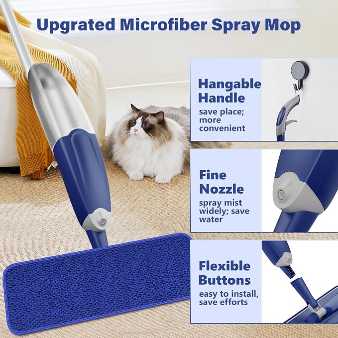 Microfiber Spray Mop for Floors Cleaning: Wet Dry Hardwood Floor Mops | 3 Washable Reusable Pads for Swiffer Powermop, Flat Mop with Sprayer, Hosewife Dust Mop for Tile Wood Laminate Vinyl Marble