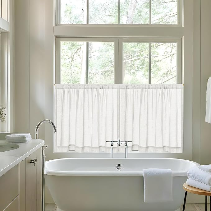 Off White Semi Sheer Linen Kitchen Curtains 24 Inch Length 2 Panels | Cream, Short Small Curtains for Cafe Laundry Bathroom Over Sink, Rod Pocket, Privacy Assured with Light Through, 30x24 Inches