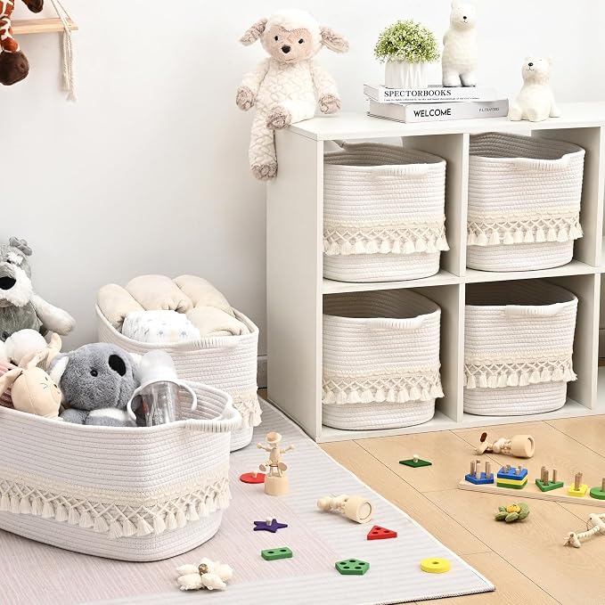 2 Pack Storage Basket for Shelves, Boho Cotton Rope Storage Bins with Heavy Tassel, Shelf Baskets Large Woven Baskets for Organizing, Cube Organizer Bins, Baby Laundry Basket for Clothes, Toys, Pets