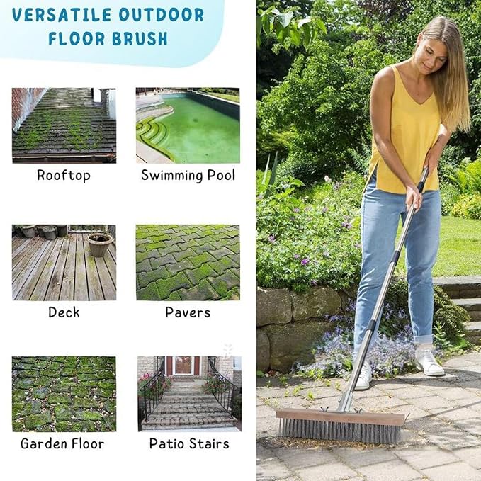 Heavy Duty Stainless Steel Deck Brush with Long Handle, Concrete Floor Scrubber Moss Remover Wire Broom for Patio, Deck, Garage, Outdoor Cleaning (30cm / 11.8in)