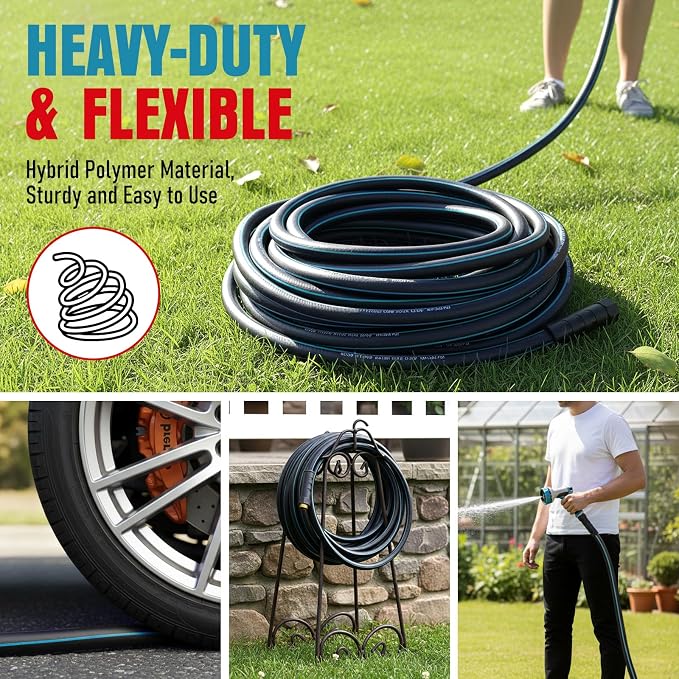 Garden Hose 50 ft x 5/8" with Nozzle, Water Hose Heavy Duty Flexible, Lightweight Kink-less Hybrid Hose with Swivel Handle, Male to Female Fittings