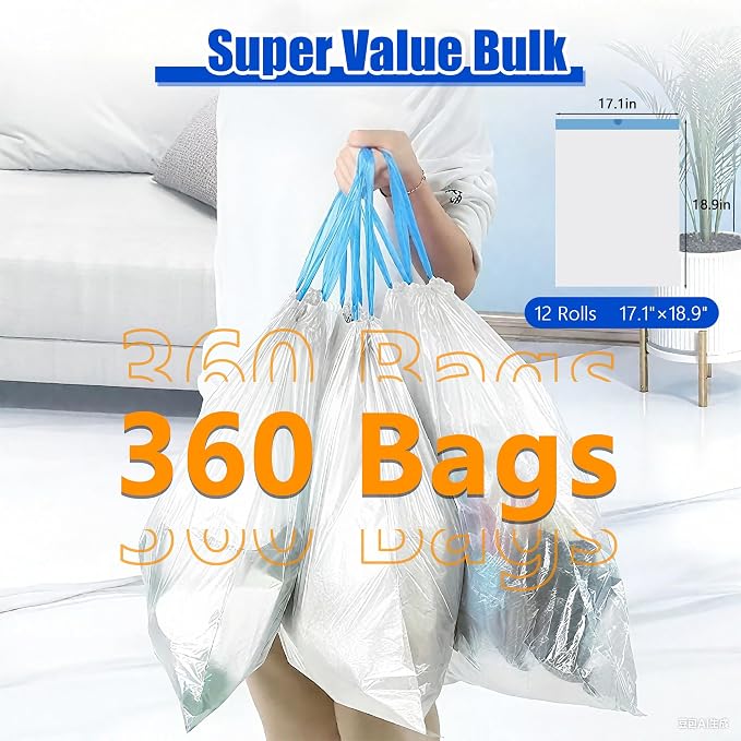 Small Trash Bags 2.6 Gallon, 360 Count -1.2 Mil Drawstring Mini Garbage Bags, Plastic White Trash Can Liners for Bathroom Accessories, 10 Liter, Bedroom, Dorm Room Essentials, Office