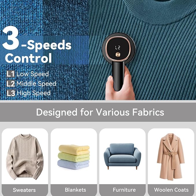 Rechargeable Fabric Shaver, 6-Leaf Blades, LED Display, 3 Speeds | Portable Lint Remover Easy to Remove Pilling, Fuzz & Lint Balls from Clothes, Sweater, Couch, Blanket, Furniture, Coat, Black