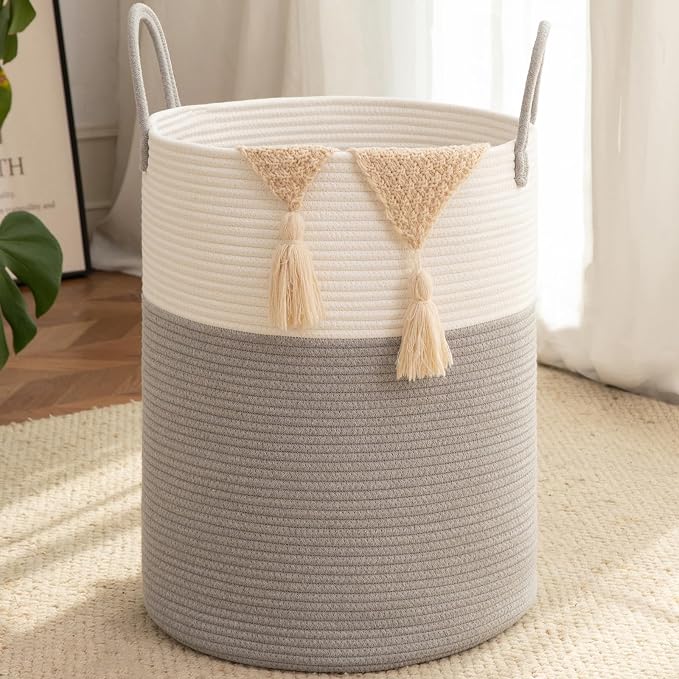OIAHOMY 100L Nursery Hamper Laundry Basket Laundry Hamper Grey/White | collapsible Blanket Basket Cotton Rope Woven Basket Dirty Clothes Hamper Baby Hamper Tall Clothes Hamper with Handles