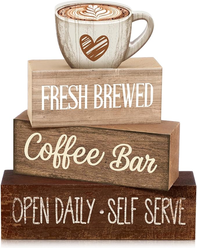 Moucuny 4 Pcs Coffee Bar Wooden Sign Decor Rustic Farmhouse Kitchen Table | Tiered Tray Centerpiece, Bar Supplies for Home, Self Serve Display, Station Decorations for Countertop, Rustic Gift